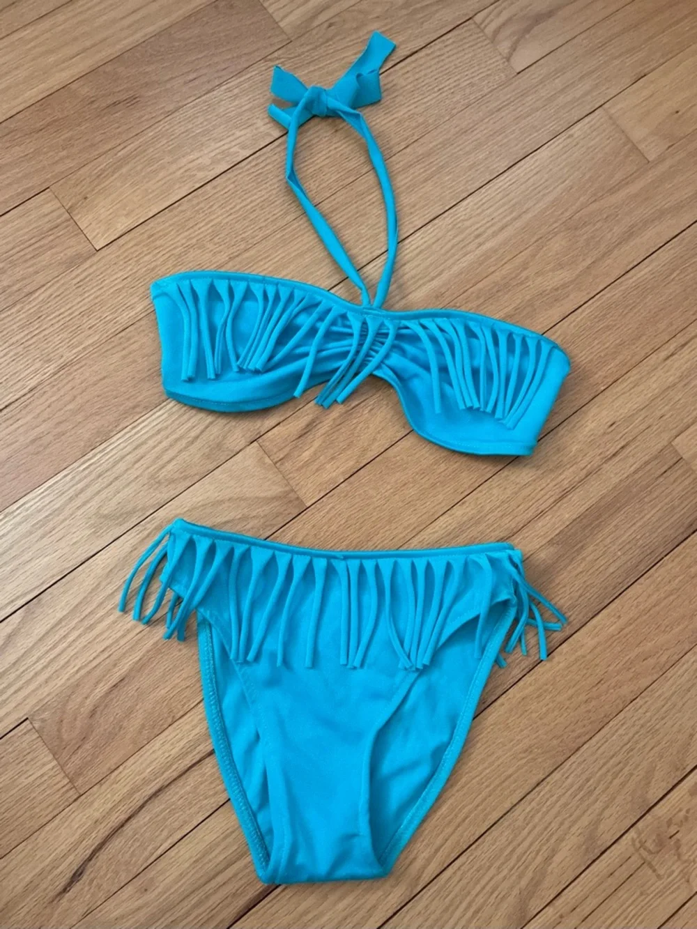 Vintage Toddler Fringed Bikini, Turquoise + Folding Kitty Sunglasses Set, 4T